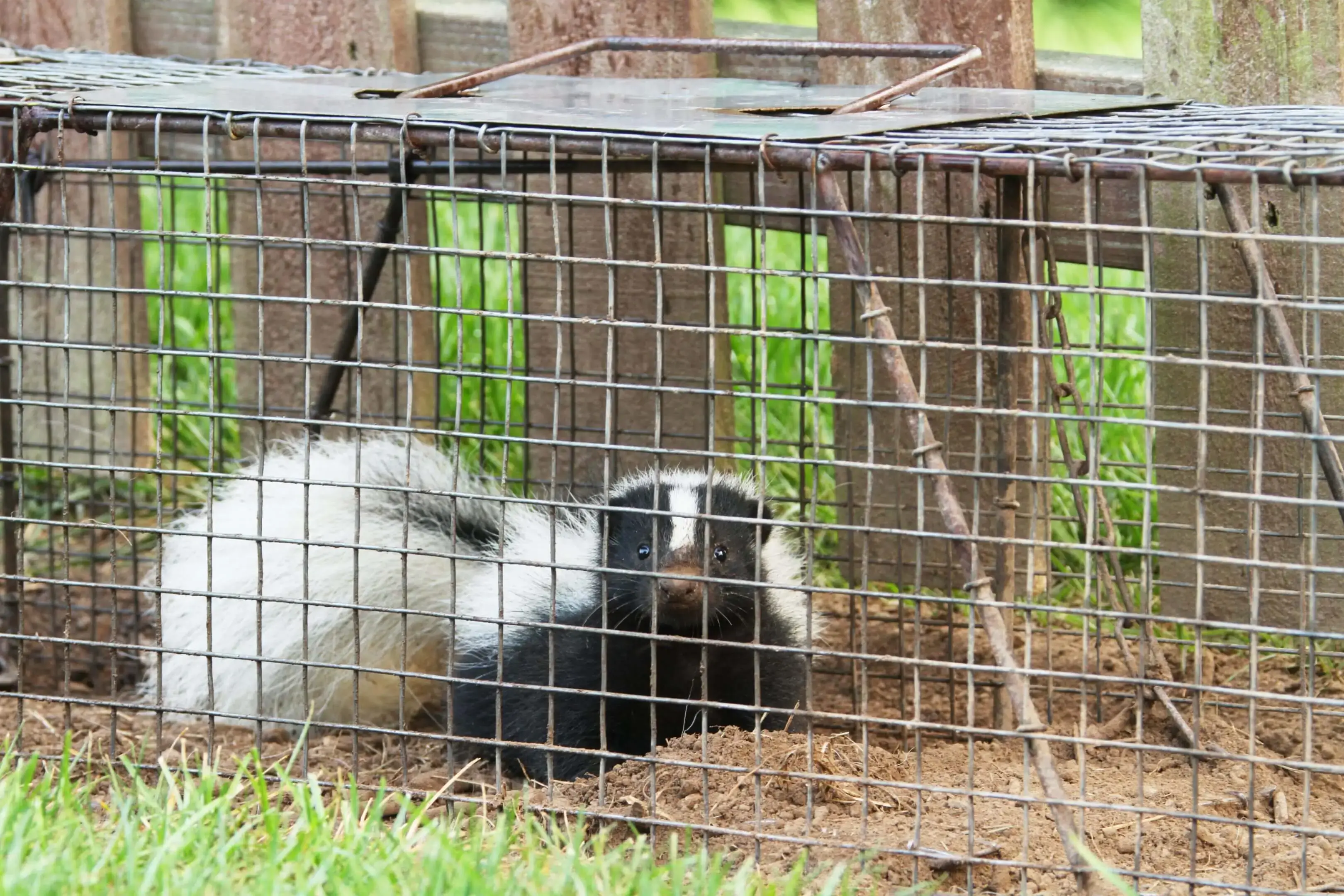 Skunk trapped in a wire cage outdoors.